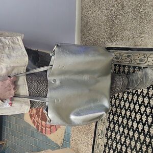 Silver Shoulder Bag with Shimmery Finish and Matching Pouch